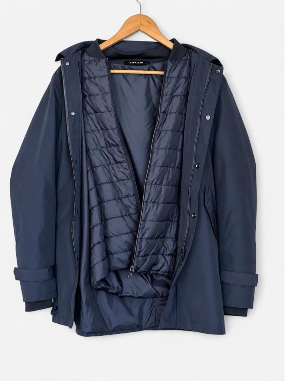 Zara Man Men’s M Navy 3-in-1 Hooded Parka Removable Quilted Jacket Coat